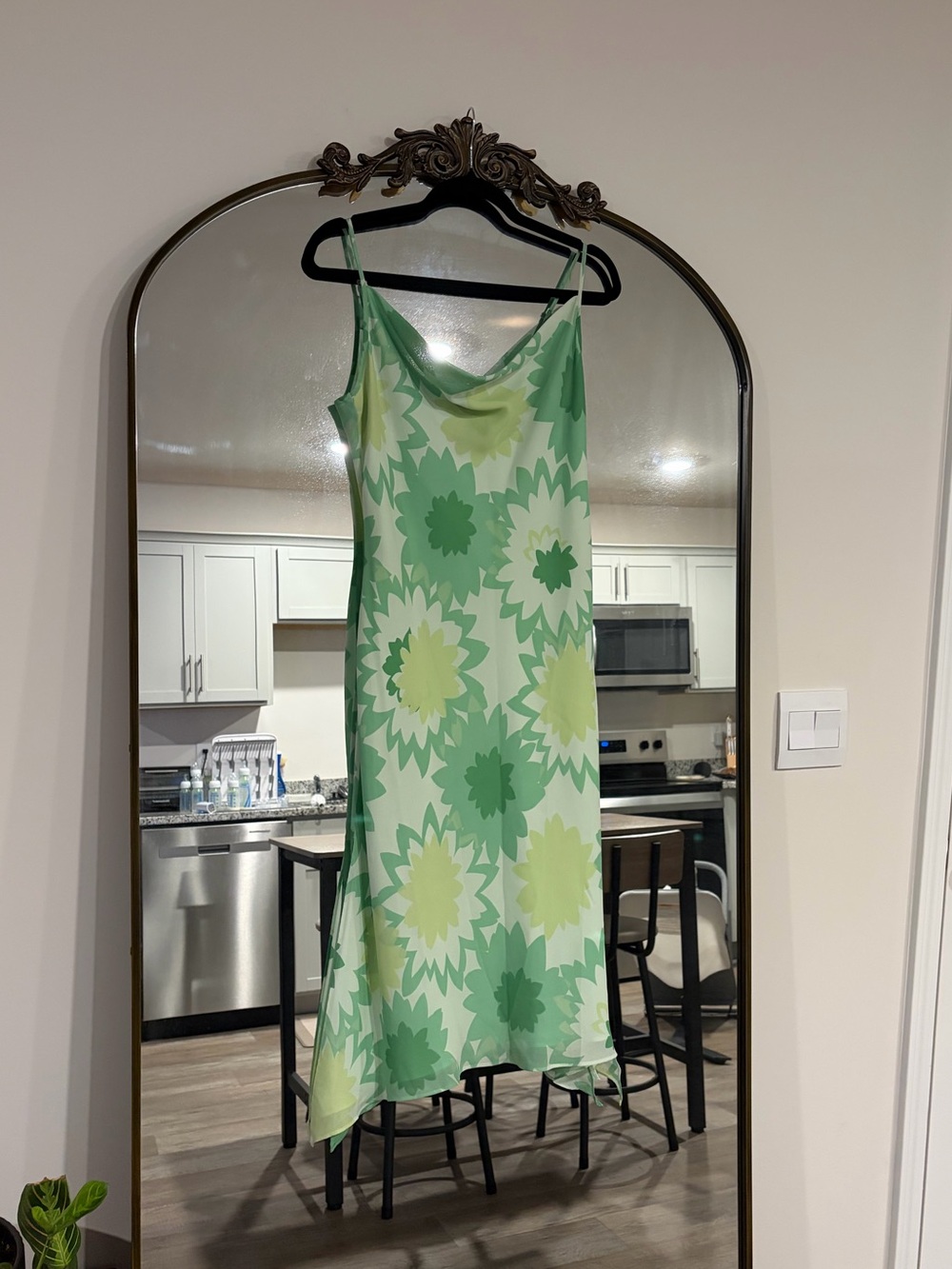 Green Floral Slip Midi Dress Cowl Neck Size 7/8 Garden Fairycore Y2K Vacation